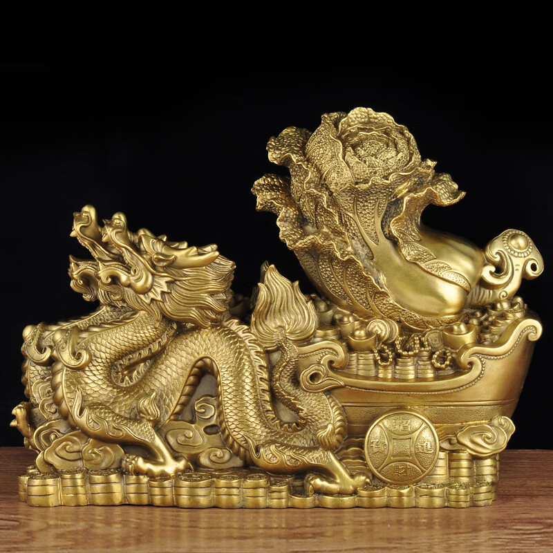 莲善堂全铜龙摆件招财双龙白菜家居客厅玄关办公室桌摆设开业商务礼品