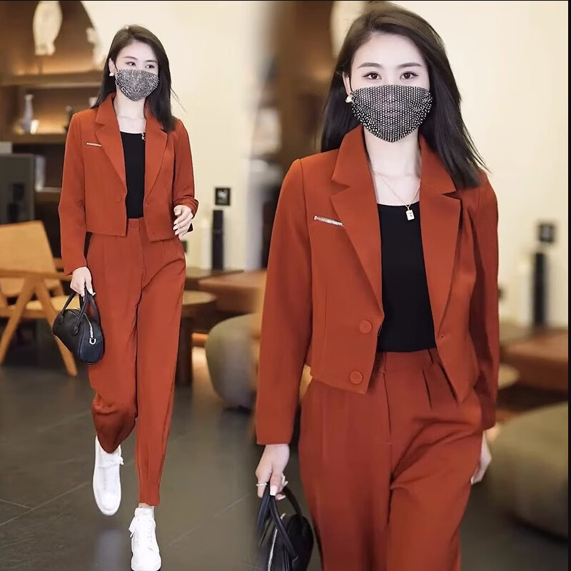 RAJKPOOR洋氣質(zhì)減齡高級(jí)感時(shí)尚套裝女2025秋季新品小西裝外套哈倫褲兩件套 復(fù)古紅兩件套+黑色吊帶 2XL /建議120-130斤
