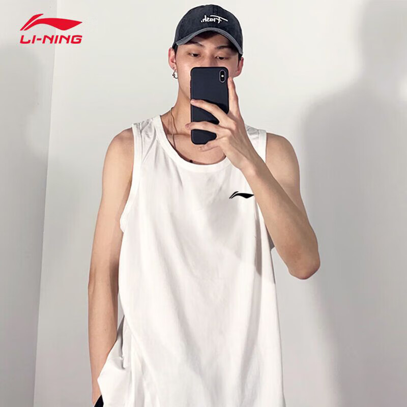 李宁背心男子2022夏季新款训练透气速干排汗无袖健身运动短袖t恤 白色
