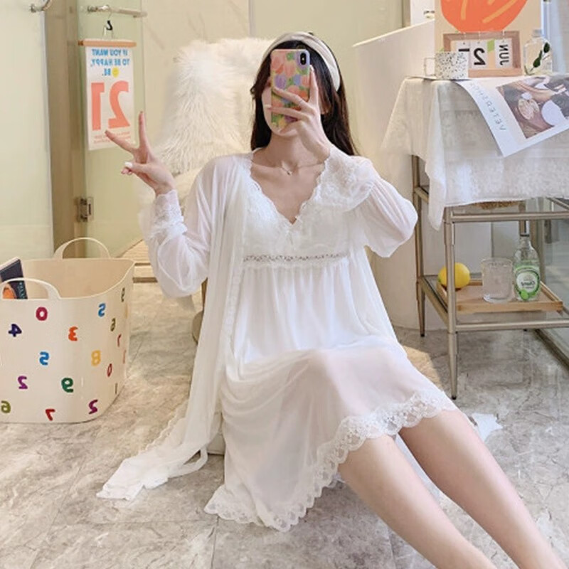 卡维妲性感睡衣女士睡衣家居服加长款浴袍睡衣女长袖网纱睡衣两件套