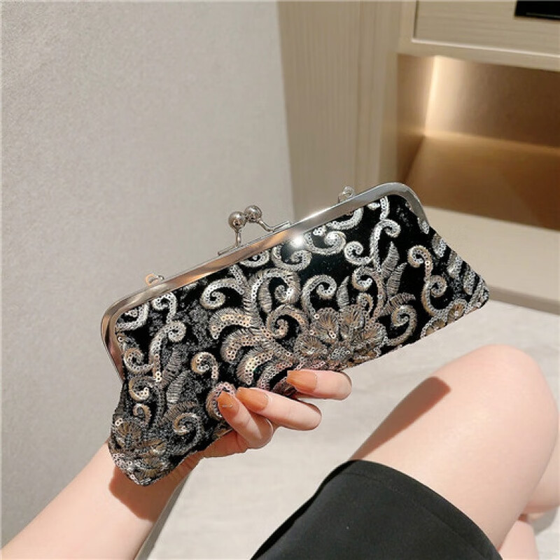 clolv kiss复古珠绣手拿包搭配旗袍的手提包晚宴宴会包黑色气质斜挎小