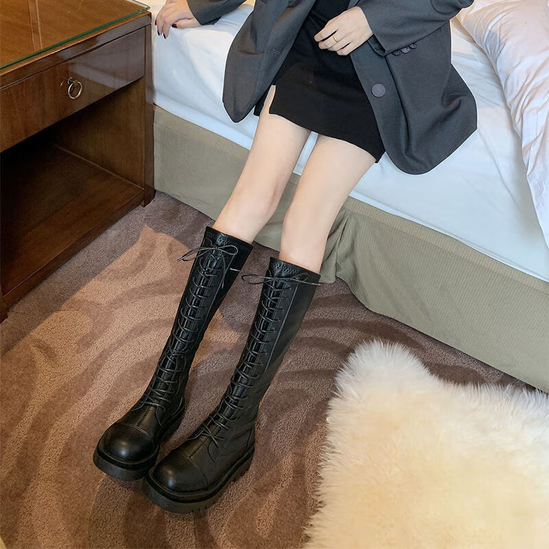 宁墅2022新款秋冬系带高筒大筒围粗腿胖长靴加绒胖妹妹不过膝长筒靴女