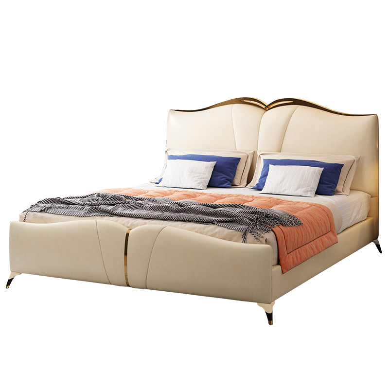 慕斯华庭轻奢现代真皮床北欧简约ins风主卧室双人婚床1.8米储物软包大床 真皮框架床 1500mm*2000mm