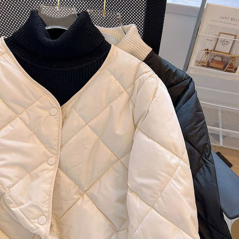 子牧棉麻冬装 女韩系温柔风棉衣菱格棉服韩版宽松外套0902 米白色 M (建议90-105斤)