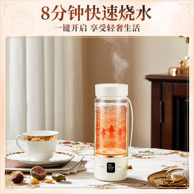 宝威玛(BVGMAV)英国99.99%纯钛茶隔养生壶4档烧水高硼硅玻璃硅胶防烫电炖电热水杯办公室迷你煮茶泡茶壶 0.4L 爵士白-99.99%纯钛茶隔
