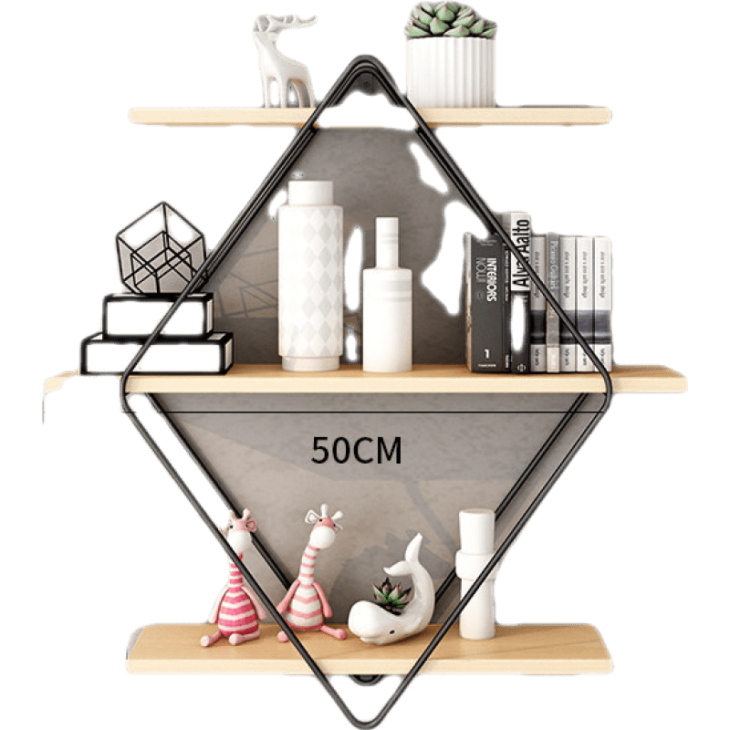 煕沐瞳  墙上置物架打孔一字隔板铁艺创意格子搁板客厅电视墙上壁挂书架 菱形小号50*16*70