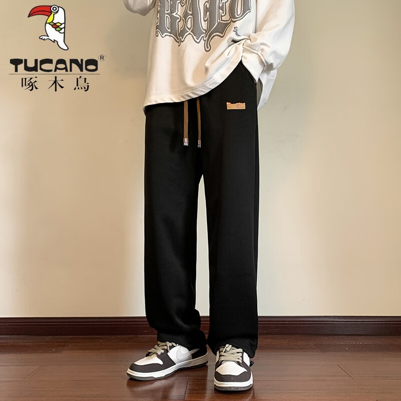 啄木鳥(niǎo)（TUCANO）男生休閑褲美式直筒褲子秋季港風(fēng)ins百搭情侶高街潮牌闊腿運動(dòng)褲 黑色 M