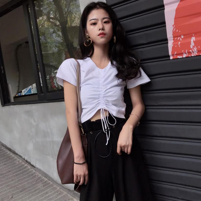 yzyo夏天的显瘦高腰漏肚脐露脐上衣棉质短袖t恤女韩版学生修身显瘦打