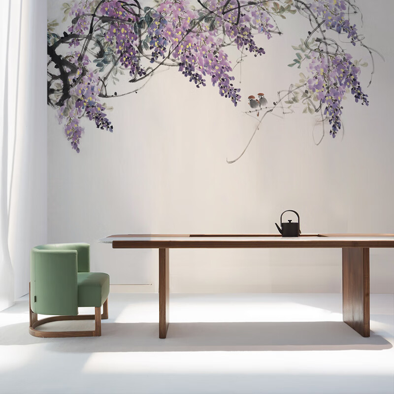 墨岩现代中式意境淡雅紫藤花墙纸壁画客厅沙发背景墙壁纸卧室床头墙布