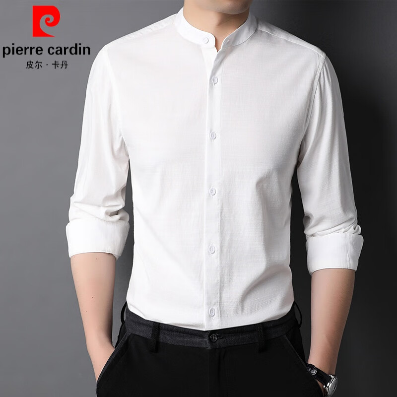皮爾卡丹（pierre cardin）立領(lǐng)白襯衫男長(zhǎng)袖春秋職業(yè)正裝中式無領(lǐng)商務(wù)圓領(lǐng)工裝白色襯衣針織 白色 XL 175 【135-150斤】