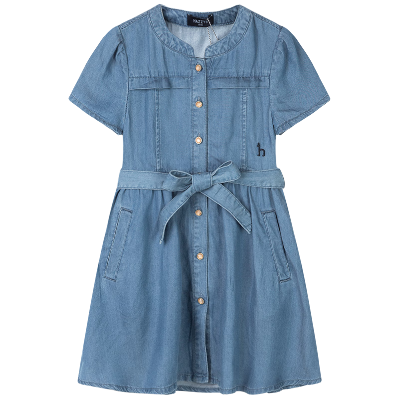 哈吉斯（HAZZYS）品牌童装女童夏新品凉爽透气简约大气甜美风半袖连衣裙 蓝牛仔 110