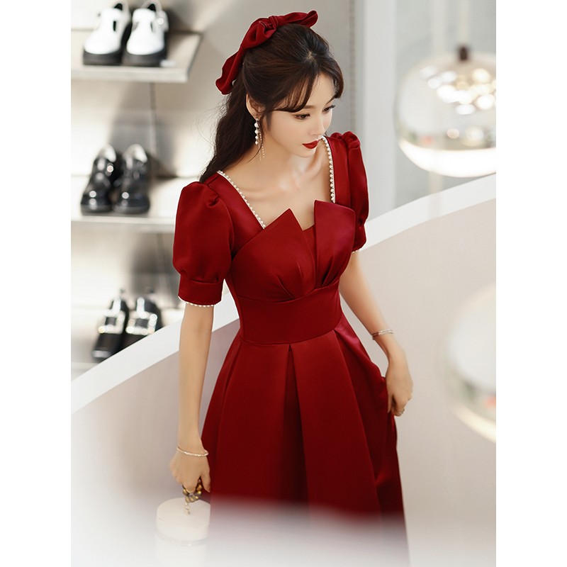 塞德勒敬酒服新娘2022新款方领结婚订婚回门礼服平时可穿缎面 酒红色中长款 XXL (建议126-135斤)使用感如何?