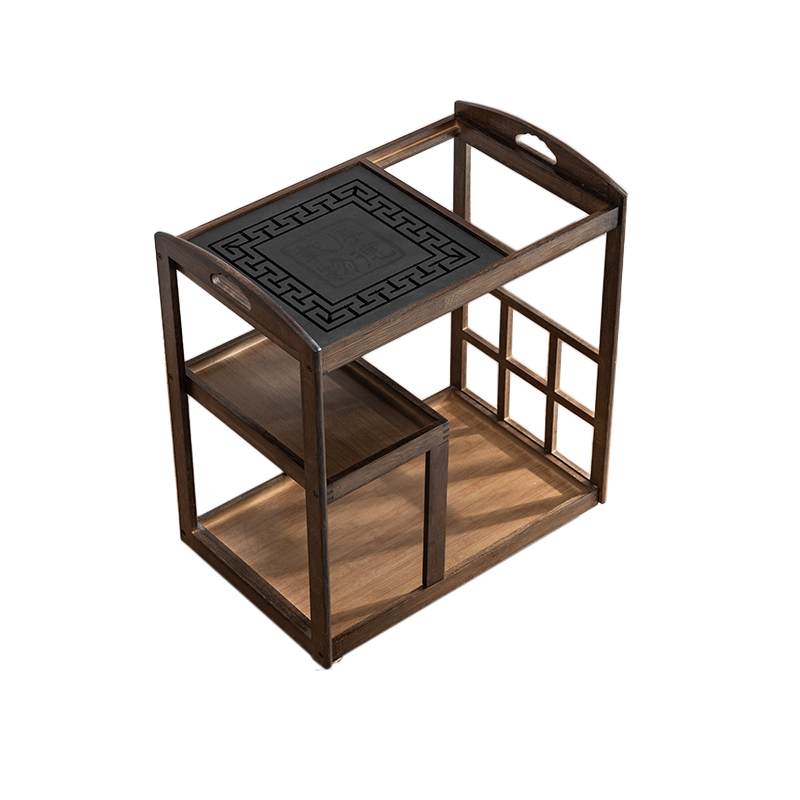 淘慕 移动茶车小茶台简约现代泡茶桌家用茶具套装一体中式客厅小型阳台茶几 胡桃色窗花款+乌金石+底部上水玻璃款电器