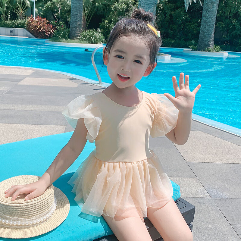 6-12岁儿童泳衣宝宝泡温泉泳装公主小女孩连体泳衣初中学 可爱玫瑰金