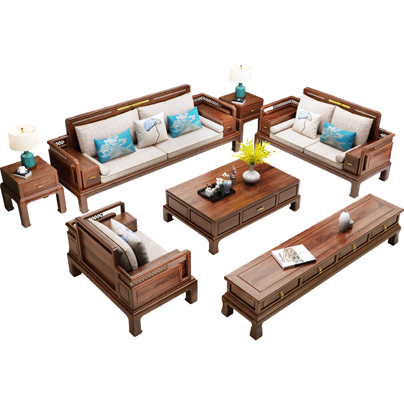 景腾 沙发 新中式实木沙发客厅大户型明清古典中式1+2+3组合套装中国风木制家具 1+2+3沙发