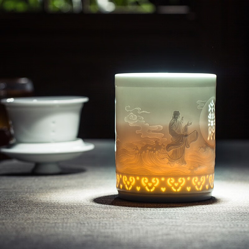 守勤堂景德镇青瓷带盖茶杯陶瓷泡茶杯办公室茶水分离滤茶杯会议杯喝水杯 《吕仙献寿》带漏+高档礼盒 礼品盒包装