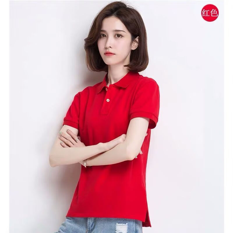 女士薄款短袖t恤日常休闲纯色翻领修身polo衫大码女装上衣乐迪纯 红色