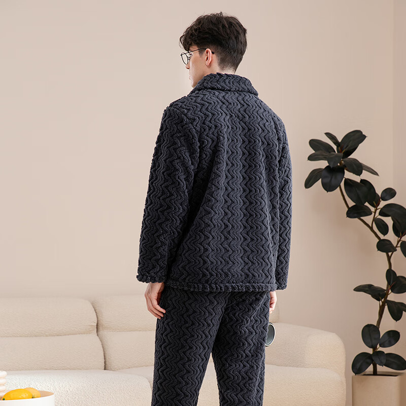 芬腾睡衣男士【加厚双面暖绒】秋冬季开衫翻领宽松保暖家居服套装 灰蓝 XL