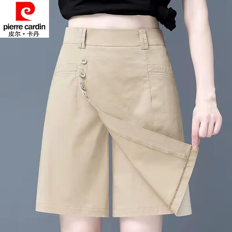 皮爾卡丹（pierre cardin）23年新款五分短褲女休閑直筒闊腿中褲子年春夏新款韓版寬松女褲裙 卡其色 1066 L 105-115斤