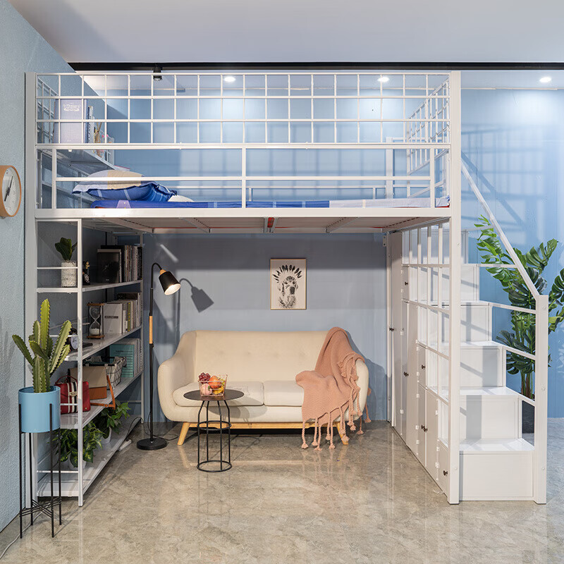 上床下沙发 北欧铁艺小公寓楼多功能省空间高架床双人单上层阁楼式