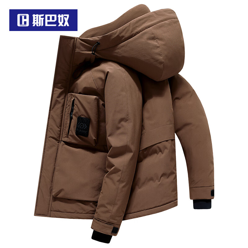 斯巴奴加厚羽绒服男短款2025冬季新款休闲连帽鸭绒保暖冬装外套潮工装 卡其色 M