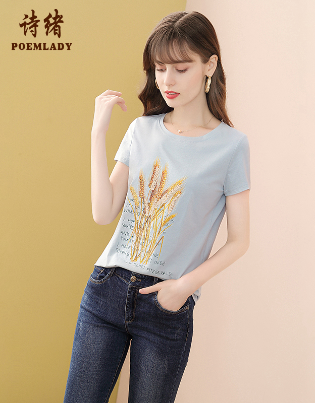 诗绪蓝色刺绣圆领短袖上衣夏装2021年新款女套头休闲直筒t恤55415