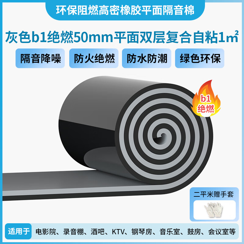 绿蔓高密隔音棉墙体隔音棉吸音棉消音超强自粘墙贴神器卧室隔音板 灰b1绝燃 50mm厚 平面双层背胶1㎡ 京东折扣/优惠券