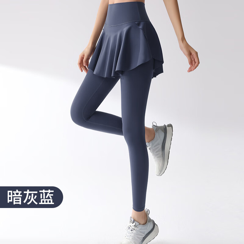 吉織嫚瑜伽裙褲女高腰提臀跑步健身褲運(yùn)動(dòng)服瑜伽褲裙擺外穿假兩件褲裙 暗灰藍(lán) M