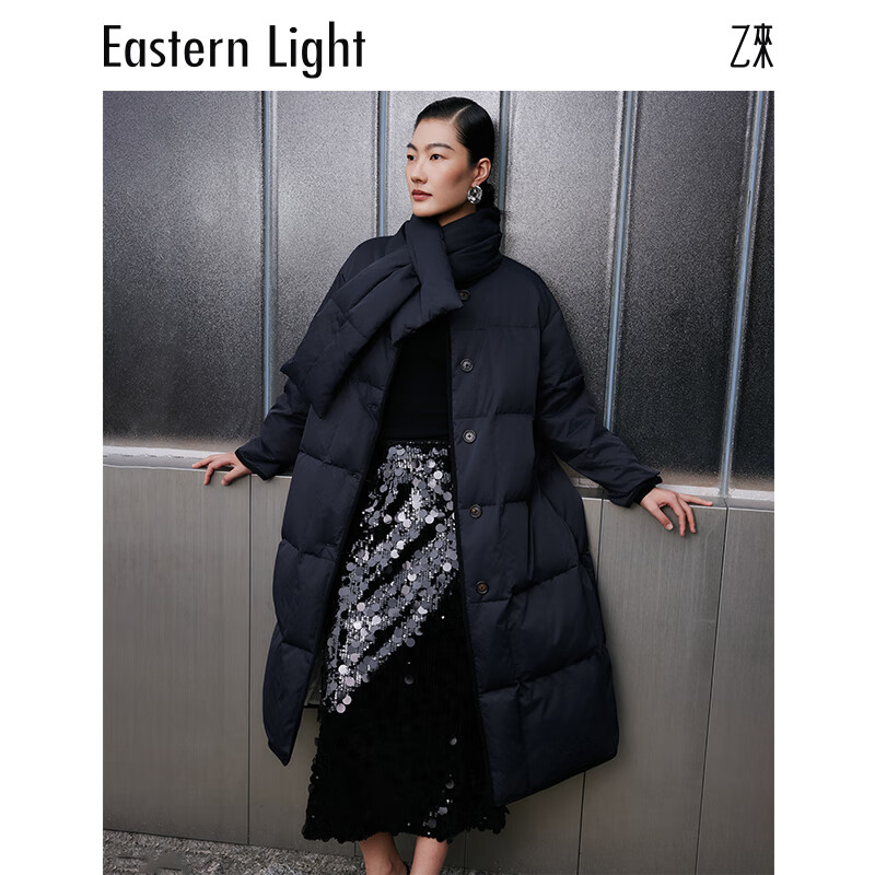 乙来（EASTERN LIGHT）【100%进口SOLOTEX纱线】2025冬季长款羽绒服大衣外套新年战袍 普鲁士蓝 M