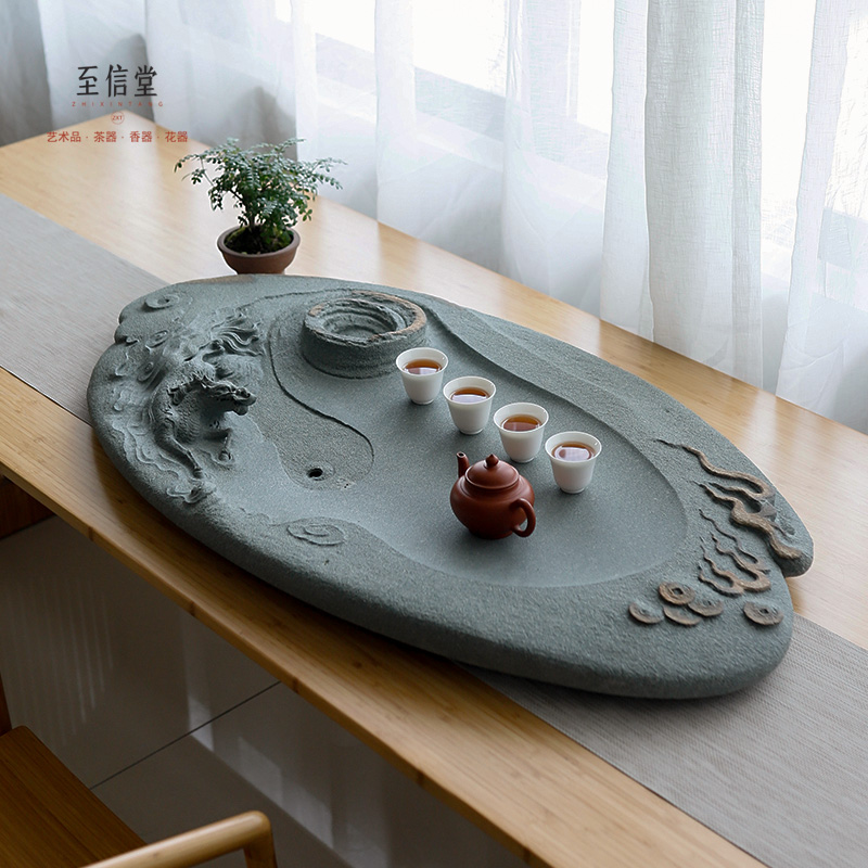 堂大师手工雕刻天罗绿茶盘麒麟瑞兽石头茶台高端家用办公茶台石板茶海