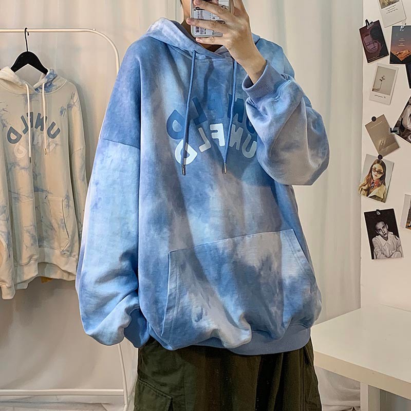 扎染卫衣男春秋帽衫潮流嘻哈潮牌上衣chic港风高街外套美式潮ins 蓝色