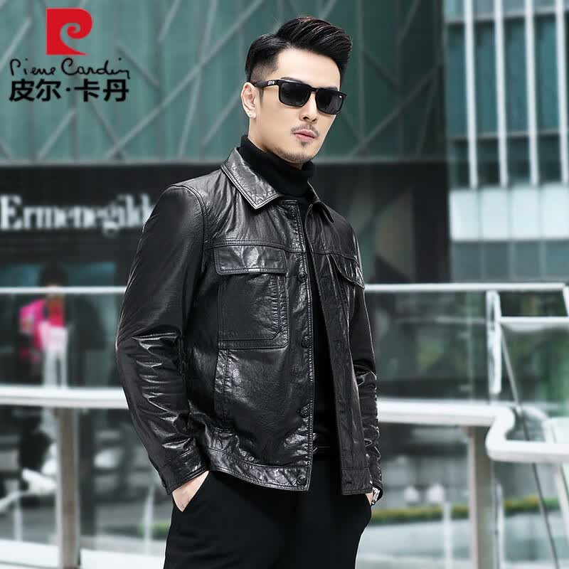 皮尔卡丹【高档轻奢】春秋新款男士真皮皮衣男油蜡牛皮夹克韩版机车男装翻 黑色 175/XL怎么看?