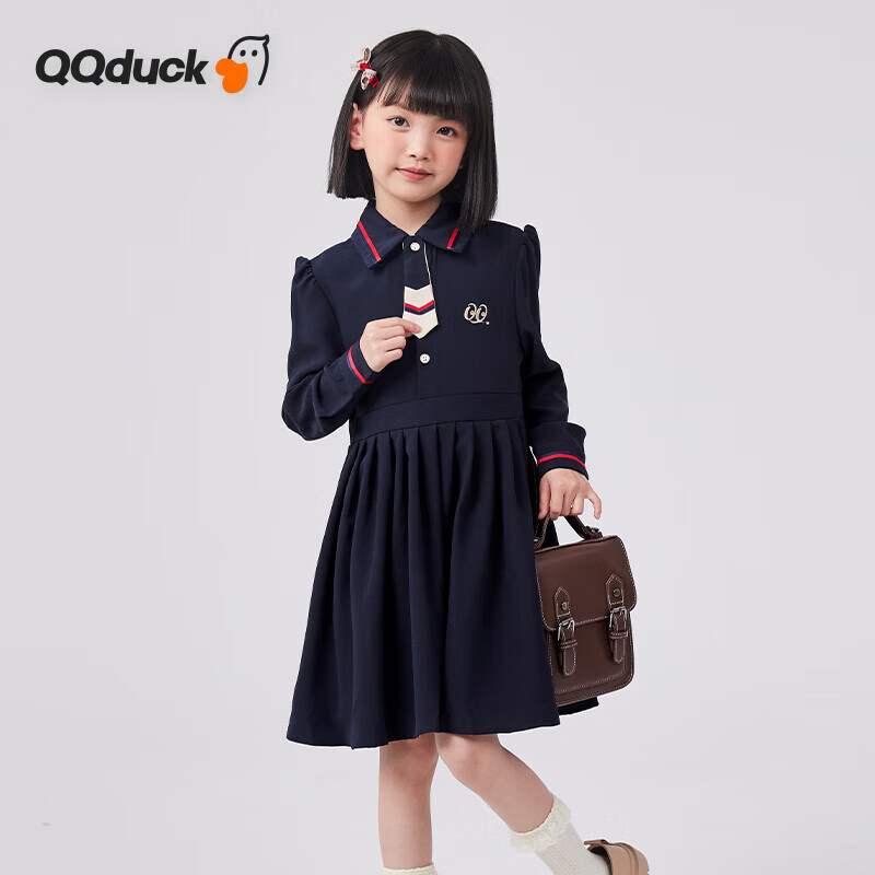 可可鴨（QQ DUCK）童裝女童連衣裙兒童裙子中大童休閑海軍風(fēng)學(xué)院連衣裙深藍(lán)；120