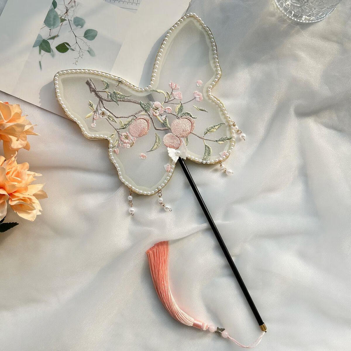 中國古風(fēng)流蘇團(tuán)扇刺繡古典漢服舞蹈扇 蝴蝶仙桃 0寸