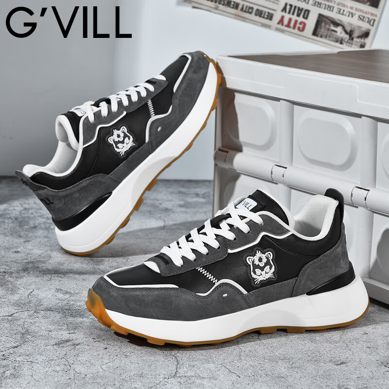 贵之步G'VILL 男鞋春秋季2024新款真皮潮流百搭老爹鞋子跑步运动休闲鞋 黑灰 42