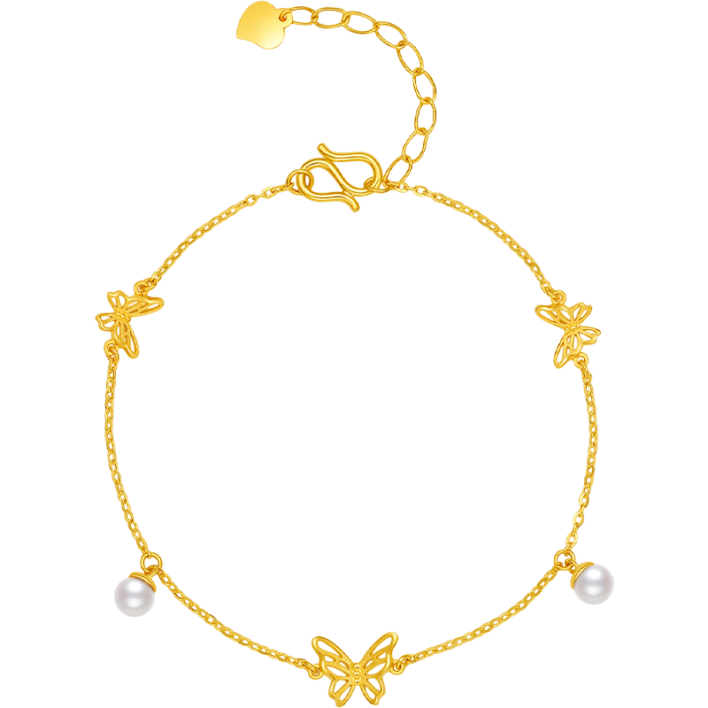 周六福（ZLF）黄金珍珠手链女优雅蝶吻淡水珍珠足金手饰送女友礼物 16cm+3cm尾链 -2.14g