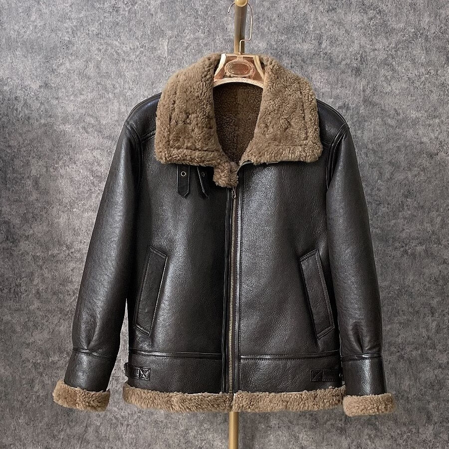 原生态真皮b3皮毛一体男装皮草外套冬装加厚大码短款机车服真皮皮衣