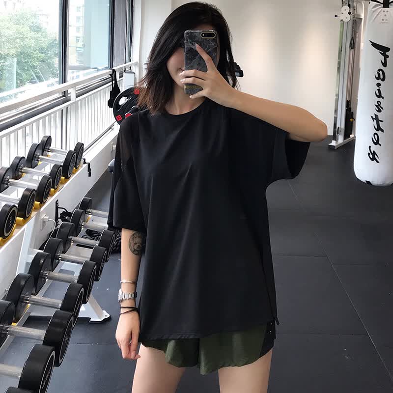 诗迦努大码运动上衣女宽松胖mm罩衫速干t恤瑜伽服短