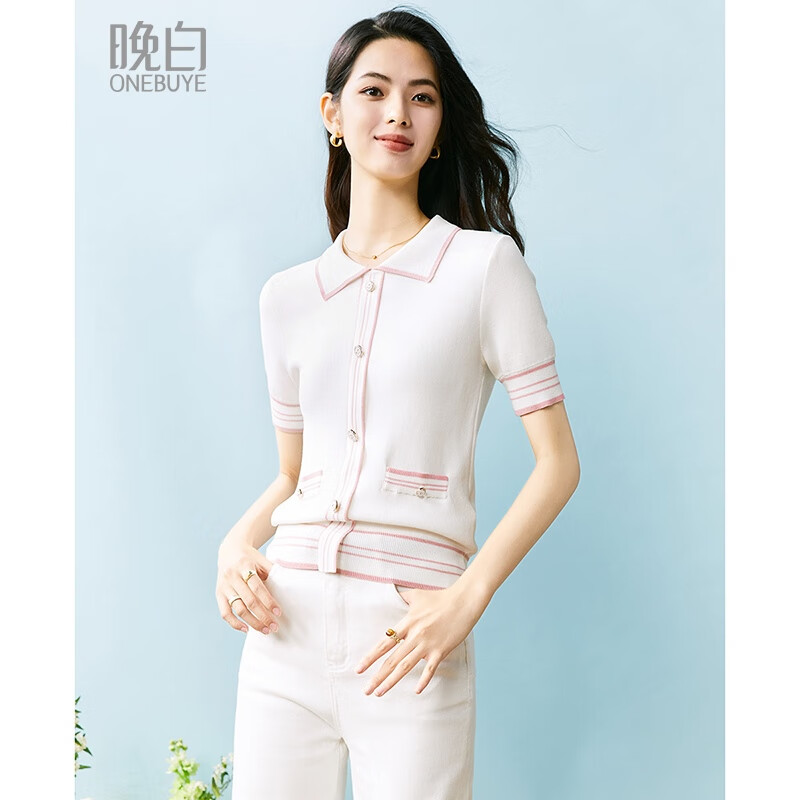 晚白【断码清仓】清新温柔翻领半袖百搭休闲修身针织短袖女 白色 S