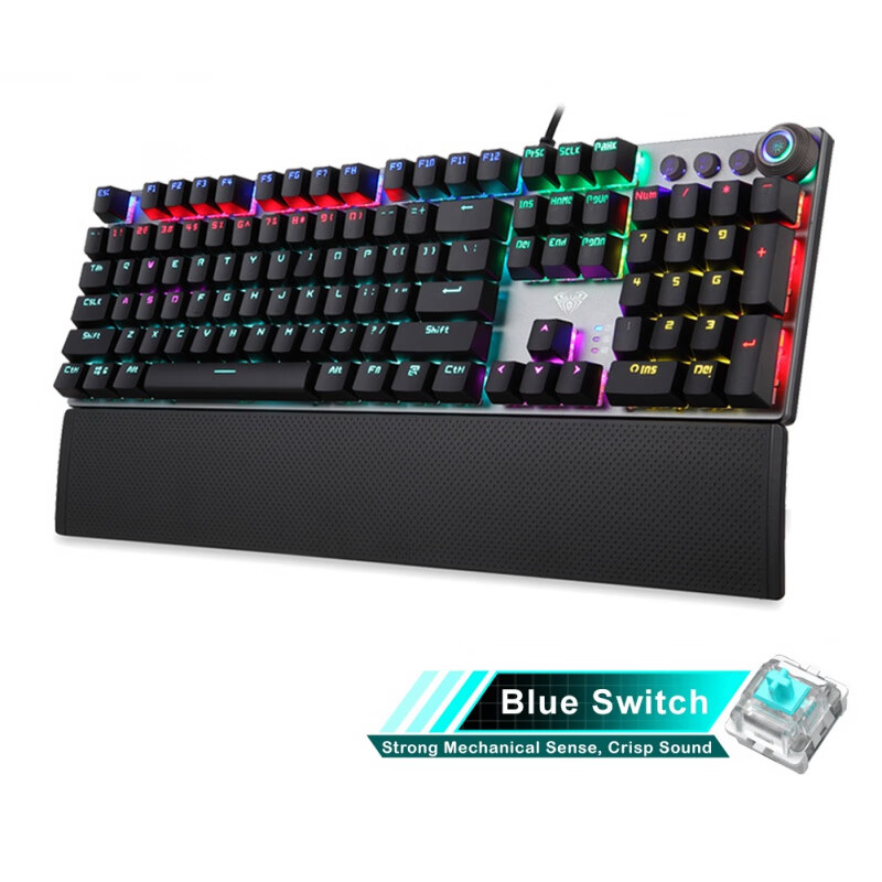 机械键盘厂家背光灯效手托游戏键盘黑轴茶轴 黑色青轴精英版(混光)