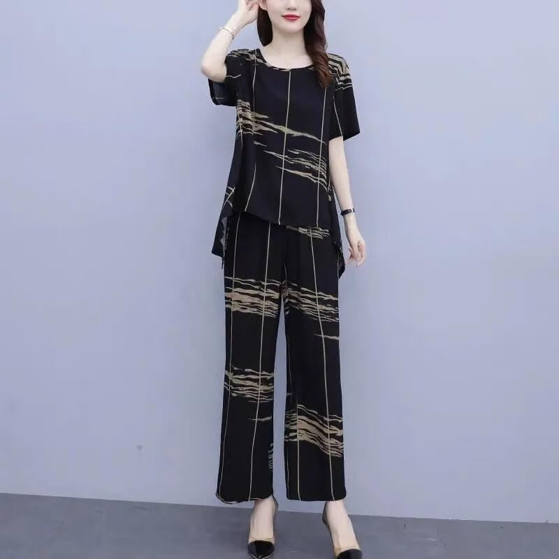 冉同30-40岁时尚洋气妈妈穿的夏季套装复古大码女装藏肉套装夏季胖妈