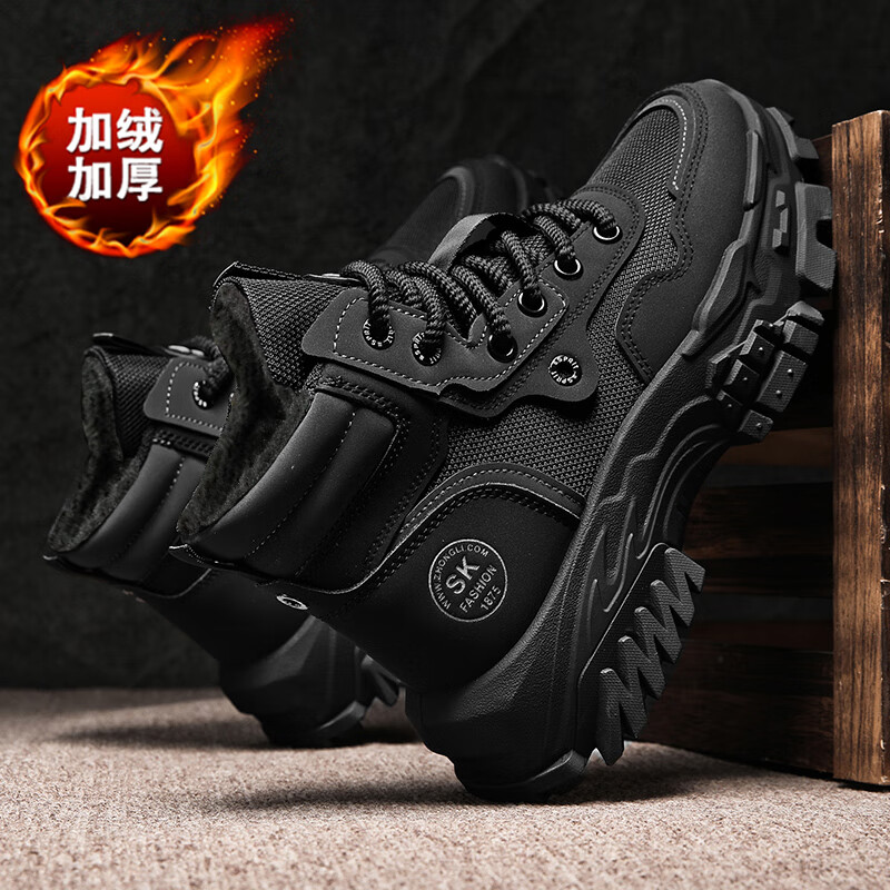 BAIKE马丁靴男冬季新款鞋子男雪地高帮靴子男劳保鞋工装鞋加绒保暖棉鞋 L961黑色【加绒款】 44 标准码