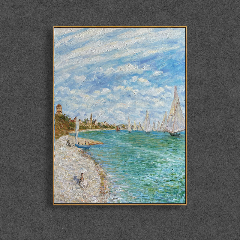 印象斑斓 莫奈名画 帆船比赛 圣达特勒斯的海滩 高档手绘油画 印象派