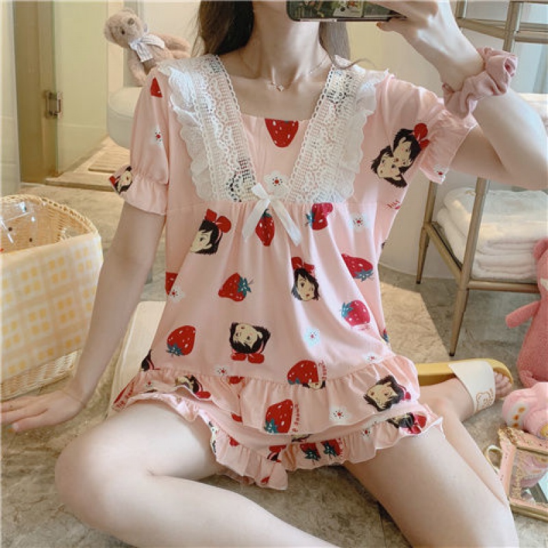 少女款宽松睡衣春夏季美丽漂亮流行居家服睡衣女夏季短袖短裤可爱学生