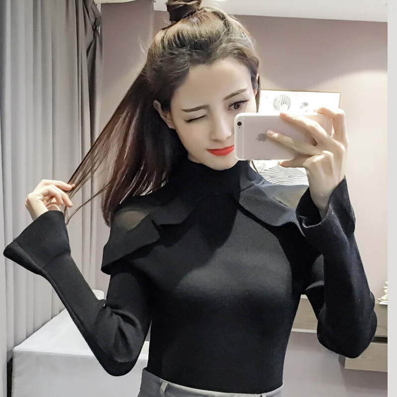 奕津大朗毛织女毛衣2023新款女装修身喇叭袖针织衫显瘦荷叶边半高领女