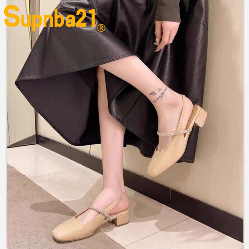Supnba212024春季新款一字带凉鞋橡胶包头PU2024年夏季粗跟一字式扣带中跟 杏色 35
