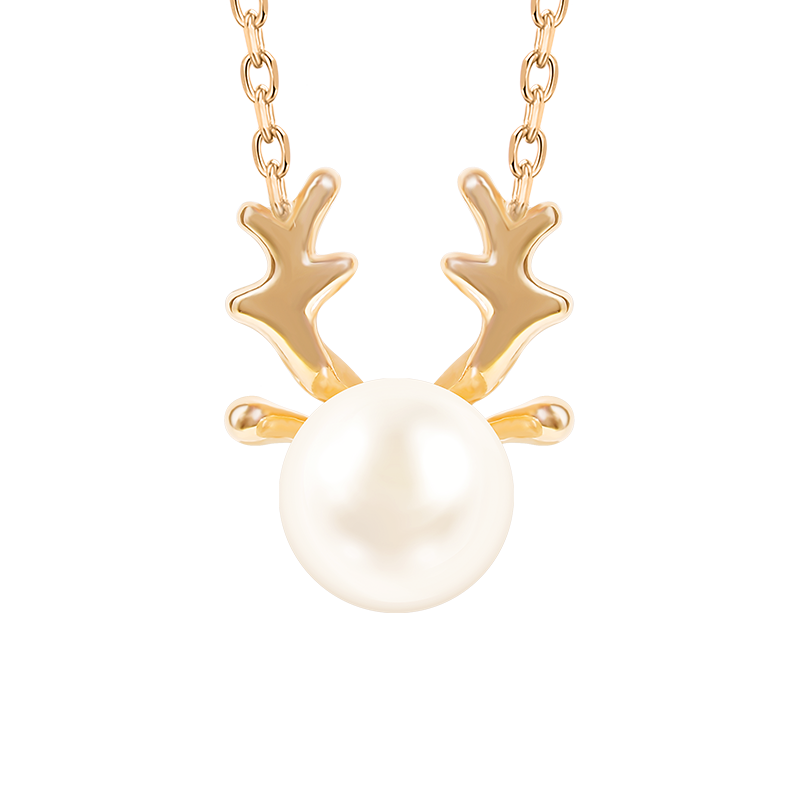 中国珠宝 18K玫瑰金一鹿相伴鹿角珍珠项链彩金套链 约2.41g