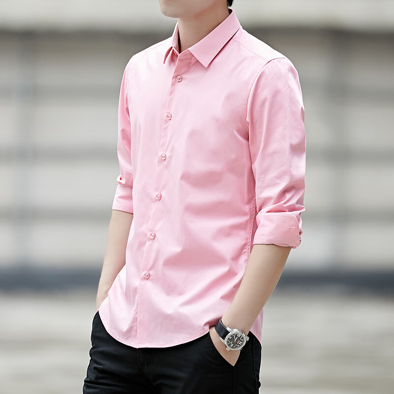 卡柏奇男式经典白色衬衫长袖大码商务休闲衬衣上班韩版修身上衣 粉红 S