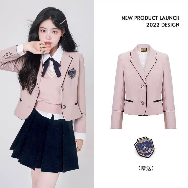 冬季加厚江南道韩剧学院风套装jk制服西装春夏校供感 粉色西服(徽章)