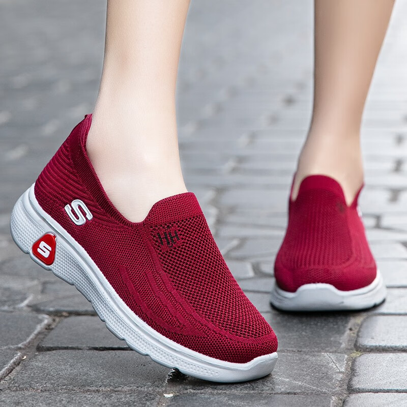 足力健女鞋夏款透气网面一脚蹬妈妈中老年舒适运动健步不用系鞋带 枣